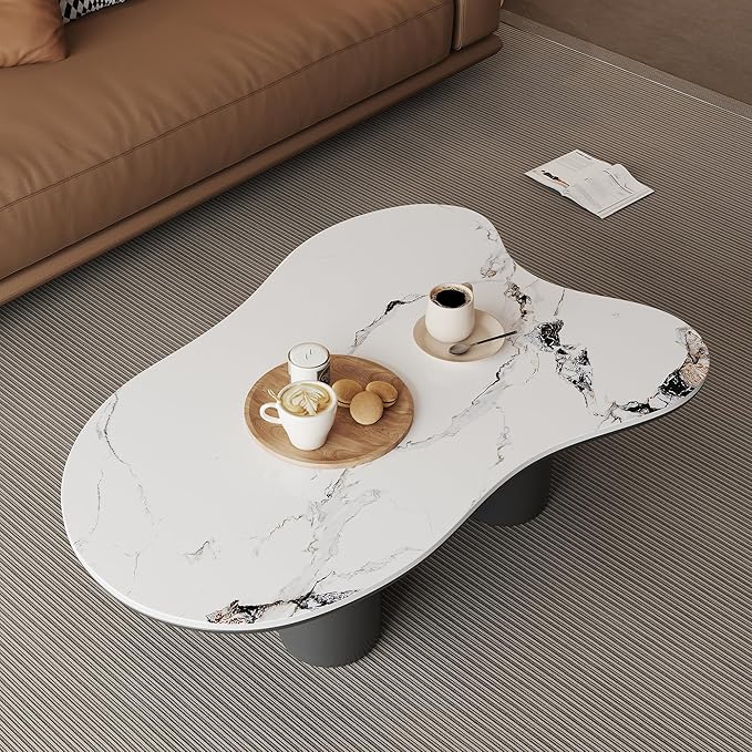 Modern Coffee Table for Living Room, 48.42" Cloud Coffee Table with White Sintered Stone Top, Large Living Room Table Unique Tea Table for Home Office