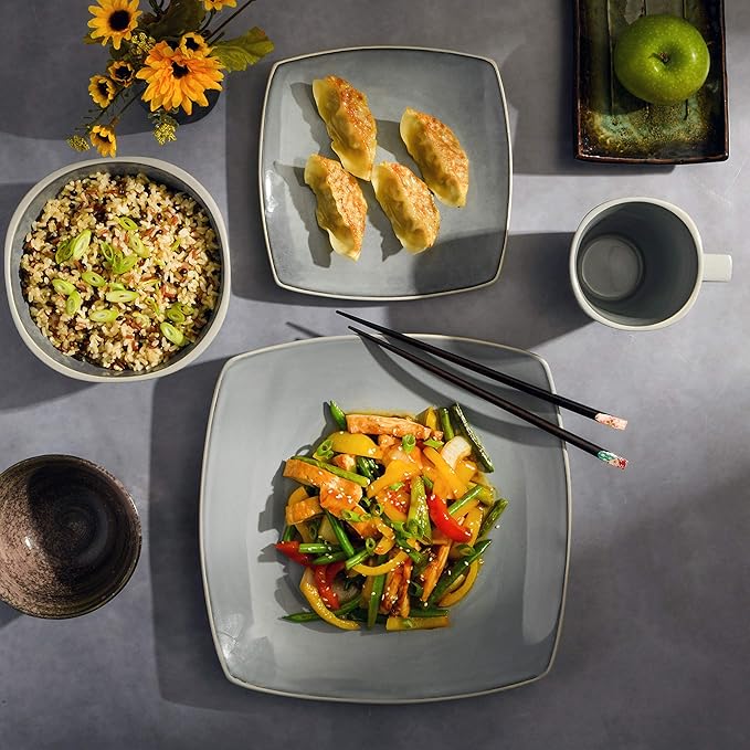 Gibson Elite Soho Lounge Square Reactive Glaze Stoneware Dinnerware Set, Service for 4 (16pc), Light Gray