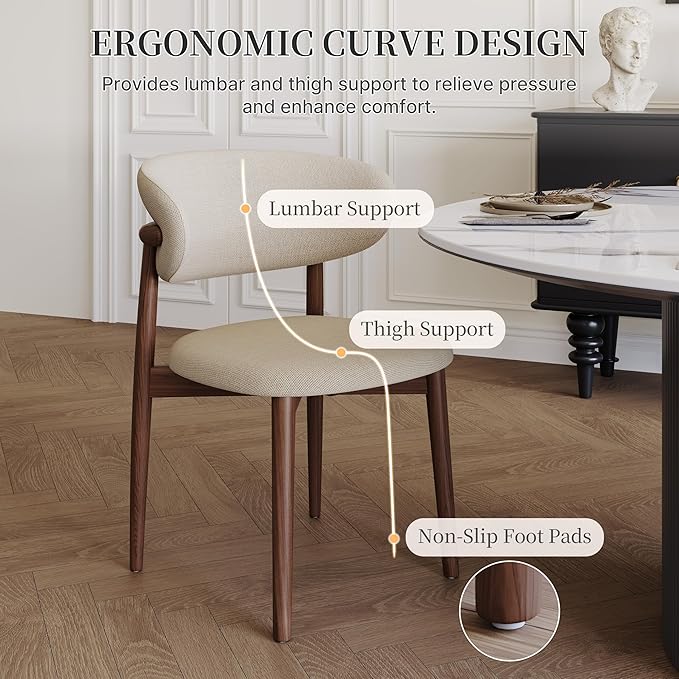 Modern Dining Chairs Set of 2 – Cotton Linen Fabric Upholstered Dining Room Chair, Farmhouse Kitchen Side Chairs with Solid Wood Legs – No Assembly Required