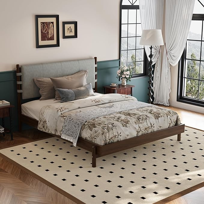 Premium Rubber Wood Platform Bed Frames, Queen Size Headboard Included, Mid Century Modern Bed, Walnut+Light Grey