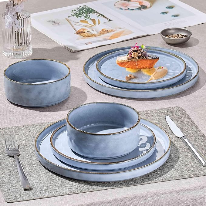 Herogo 24 Pieces Dinner Plates and Bowls Sets for 8, Stoneware Dinnerware Sets for Kitchen Dining, Reactive Glaze, Dishwasher & Microwave Safe, Haze Blue