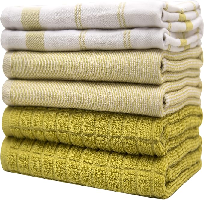 Premium Kitchen Towels 6 Pack Large Cotton Hand Towels Flat Terry Absorbent Tea Towels with Hanging Loop Lime Green Check 20x28