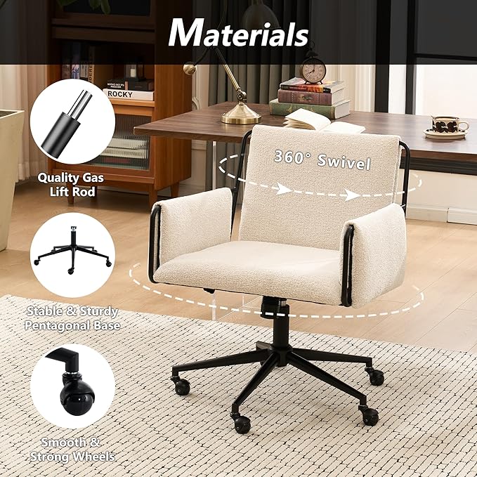 Rowill Modern Office Chair, Beige Boucle Fabric, Adjustable Height, 300 LBS Capacity, Wheels, Arm Rest, Perfect for Home Office, Bedroom, Makeup Room