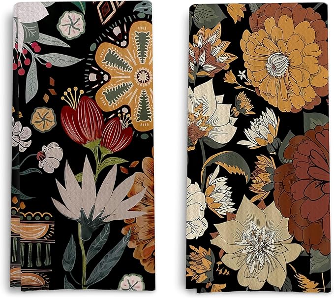Abstract Floral Dish Towels Vintage Waffle Weave, Retro Flower