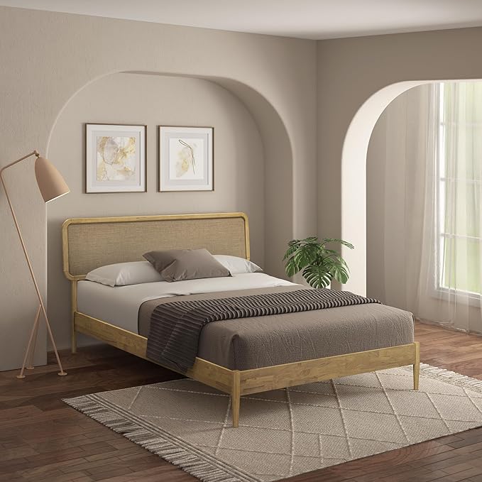 NTC Lupin Wooden Bed Frame with Headboard, Solid Oak and Rubber Wood Foundation with Silent Slats and Wood Central Supports, 1000 Lb Capacity, Queen - Sand