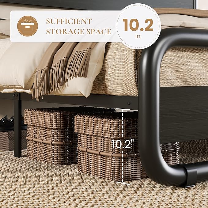 SHA CERLIN Queen Size Metal Bed Frame with Wooden Headboard and Footboard, Heavy Duty Oval-Shaped Platform Bed with Under-Bed Storage, Noise Free, No Box Spring Needed, Black