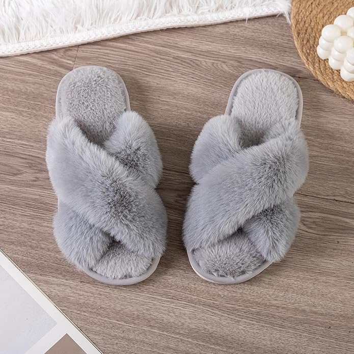 Women's Slipper Memory Foam Cross Band Fuzzy Slippers Open Toe Cozy House Slippers Cozy Plush Bedroom Indoor Outdoor