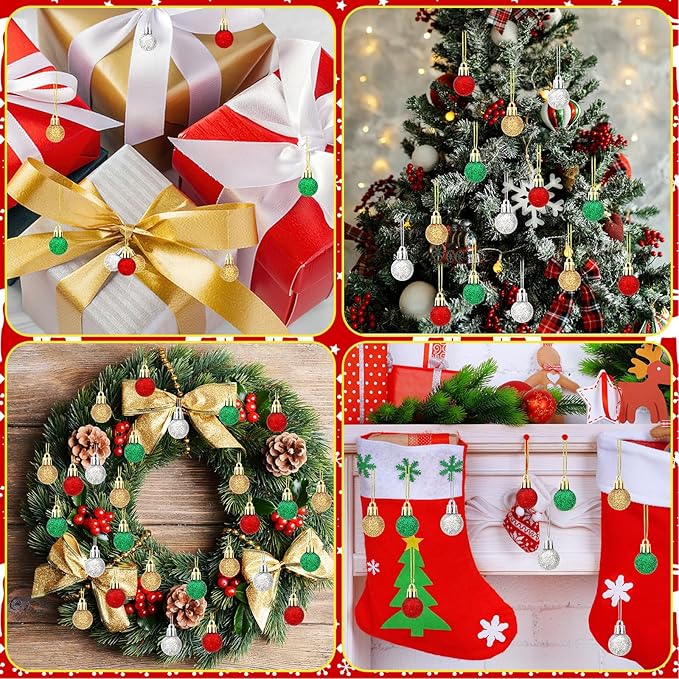 Jansun 60PCS Christmas Mini Balls Ornaments Miniature Xmas Tree Hanging Decorations Small Vintage Glitter Balls for Holiday Party Outdoor Indoor DIY Craft Decor Supplies (Glitter Surface) 
