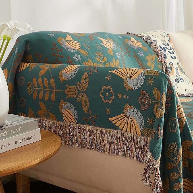 Boho Throw Blanket 100% Cotton Woven Ultra Soft 4-Layer Muslin Quilt Farmhouse Bed Blanket Cover 90"x98", Bird Floral