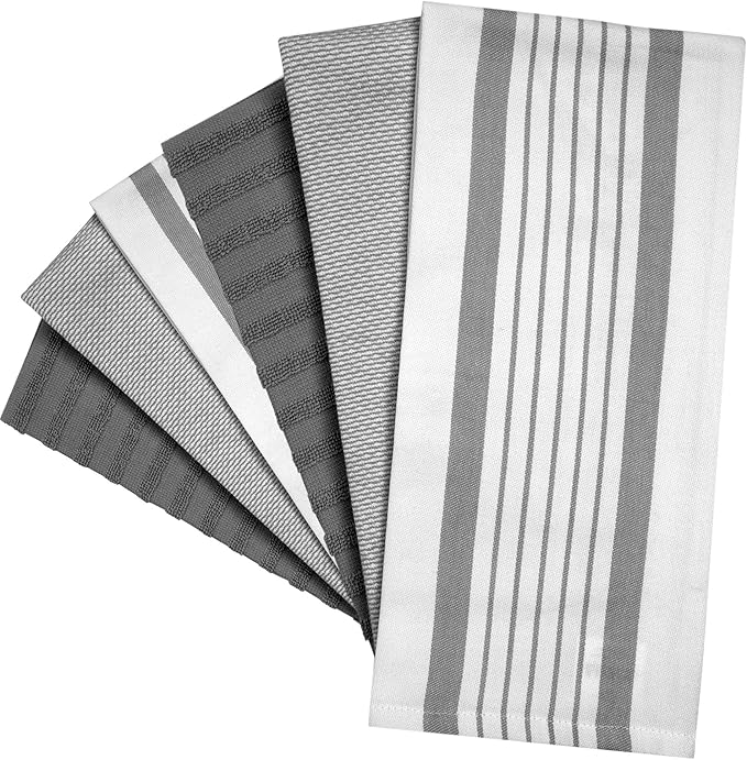 6 Pack Cotton Dish Towels 20x28 Absorbent with Hanging Loop Grey Striped
