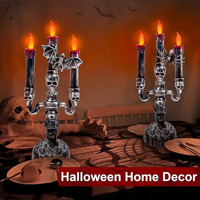 TURNMEON 2 Pack Halloween Candles LED Candelabra,Halloween Decorations 3-Candles Flickering Lamp Light Up Battery Operated Candles Holder Flame Less Bat Spider Decor Indoor Table Home Party