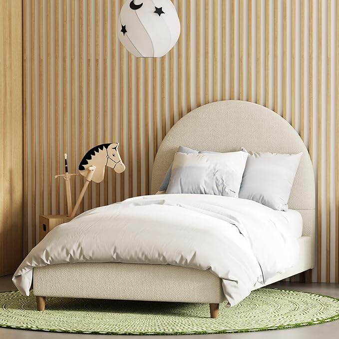 DG Casa Boucle Cloud Bed Frame with Arch Shaped Headboard, Upholstered in Soft Fabric, Platform Solid Wood Legs - Boho or Modern Style - No Box Spring Needed - Twin Size