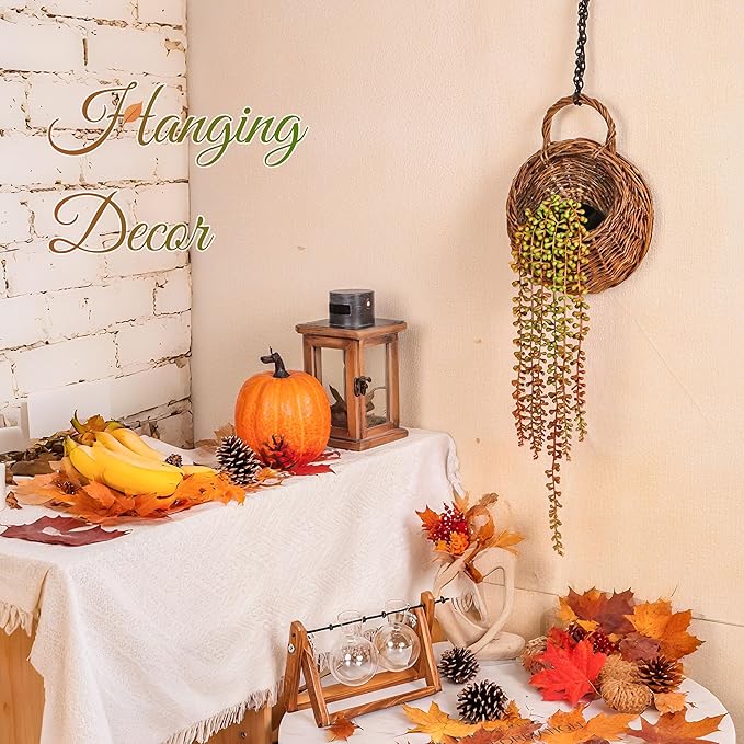 Der Rose 4Pcs Fake Fall Plants Hanging Orange Artificial Eucalyptus Plants, Boston Fern, Fake Potho, String of Pearls for Halloween Bathroom Table Centerpiece Wall Mantle Decor Indoor and Outdoor