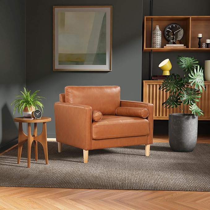 Studio Living® Lexington 39.4" Arm Chair, Mid-Century Modern, Pocket Coil Comfort, Easy Assembly, Vegan Leather, Carmel