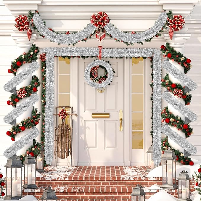 50 Ft Christmas Tinsel Garland Silver Thick Tinsel Garland Xmas Tree Decorations Metallic Tinsel Twist Garland for Christmas, Birthday, Party Decor Indoor Outdoor Party Supplies