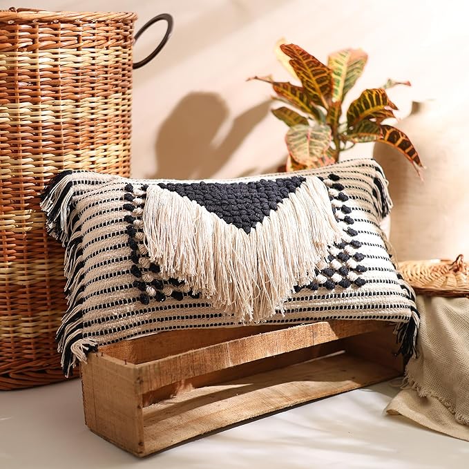 Decorative Boho-Chic Pillow Cover Handwoven Tufted Cotton Accent Pillows, Neutral Throw Cushion for Couch or Bed, Farmhouse & Bohemian Home Decor, Trendy USA Design (Black Lumbar 12x20)
