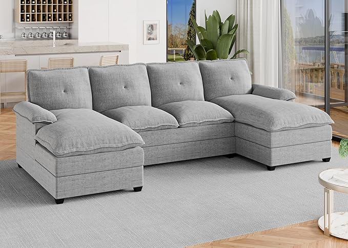 Meilocar U Shaped Sectional Sofa 110" 4 Seat Large Cloud Couch with Double Layer Cushions, Striped Grey