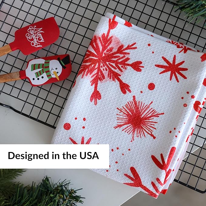 Christmas Dish Towels Holiday Kitchen Towels Tea Towels Decorative Red Snowflake Set