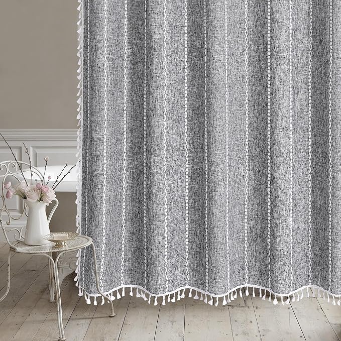 MitoVilla Dark Grey Boho Extra Long Shower Curtain 72 x 84, Dark Grey Modern Farmhouse 84 inch XL Polyester Linen Fabric Shower Curtain Set with Hooks for Cottagecore Country Bathroom Decor
