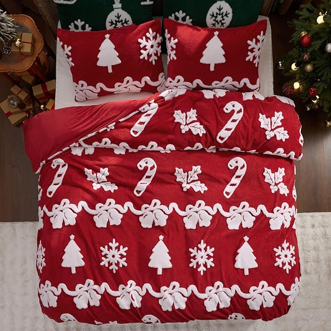 Bedsure Fluffy Christmas Duvet Cover Set - Ultra Soft Plush Shaggy Comforter Cover King Size, Warm Flannel Fleece Bed Sets for Winter, 3 Pieces, Ginger Candy Bell Pattern, Red