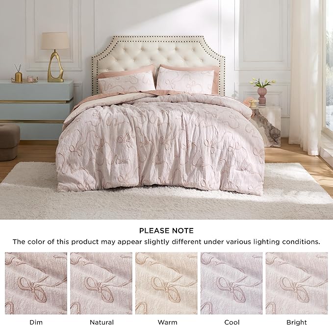 Bedsure Queen Comforter Set, Pink Boho Tufted Bed Set, 3D Puffy Jacquard Bedding Queen Size, 3 Pieces, 1 Farmhouse Shabby Chic Embroidery Comforter with Bow Pattern & 2 Pillow Cases