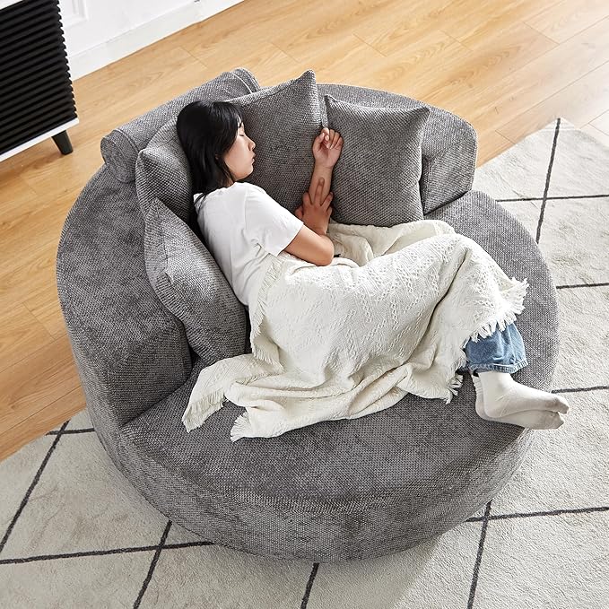 KEIKI 55" Oversized Swivel Accent Chair, Large Barrel Chairs Upholstered Round Swivel Chair, Chenille Single Sofa Armchair, Sleeper Chair for Living Room, Lounge, Grey