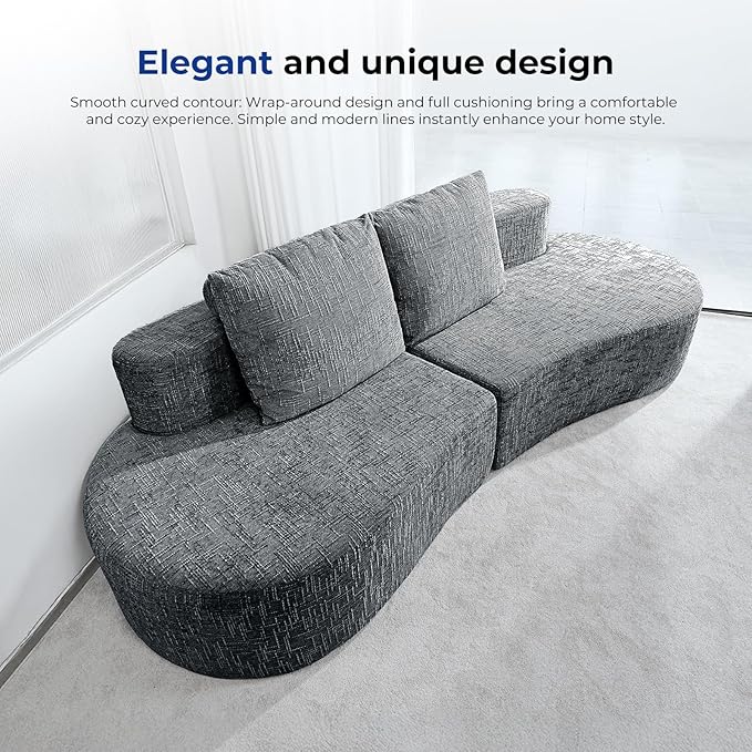 98" Curved Couch with Half Moon Design, Sofa Bed with 2 Throw Pillows & 4 Seaters for Living Room, Office & Apartment,No Assembly Needed(Dark Grey)
