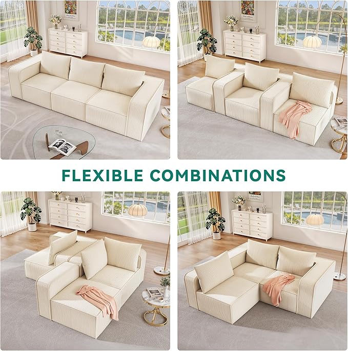 YITAHOME Oversized Deep Modular Sectional Sofa, Cloud Couch 3-Seat Sofa with 3 Pillows, Corduroy Sectional Couches for Living Room, Apartment, Office, Hotel, Bedroom, No Assembly Required, Milky White