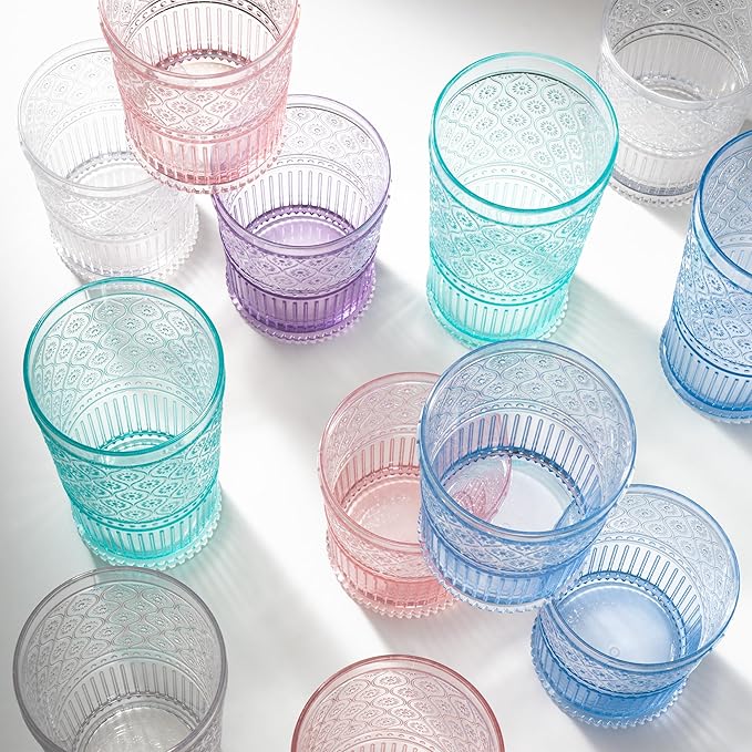 Godinger Whiskey Glasses, Acrylic Drinking Glasses Set, Elegant Lowball Plastic Cups, Rocks Glasses, Glasses Drinking Set, Vintage Romantic Decor - 11oz, Set of 4, Blush