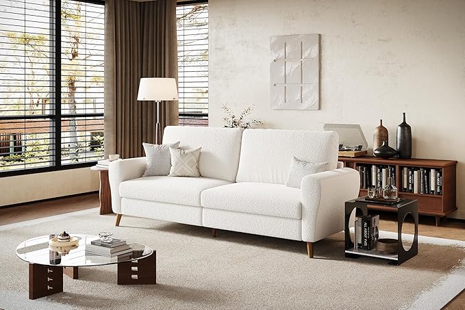 GarveeHome 84" Sofa Couch, Large Loveseat Sofa with Wide Armrests, Deep Seats & Wood Feet, 3 Seater Modern Boucle Sofa, Comfy Couches for Living Room Bathroom Small Spaces, White