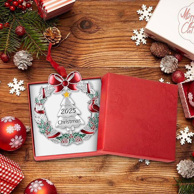 Christmas Dated Ornament 2025 for Xmas Tree Decorations, 2025 Christmas Wreath Ornament with Rotatable Tree for Holiday Decorative Keepsake Gift