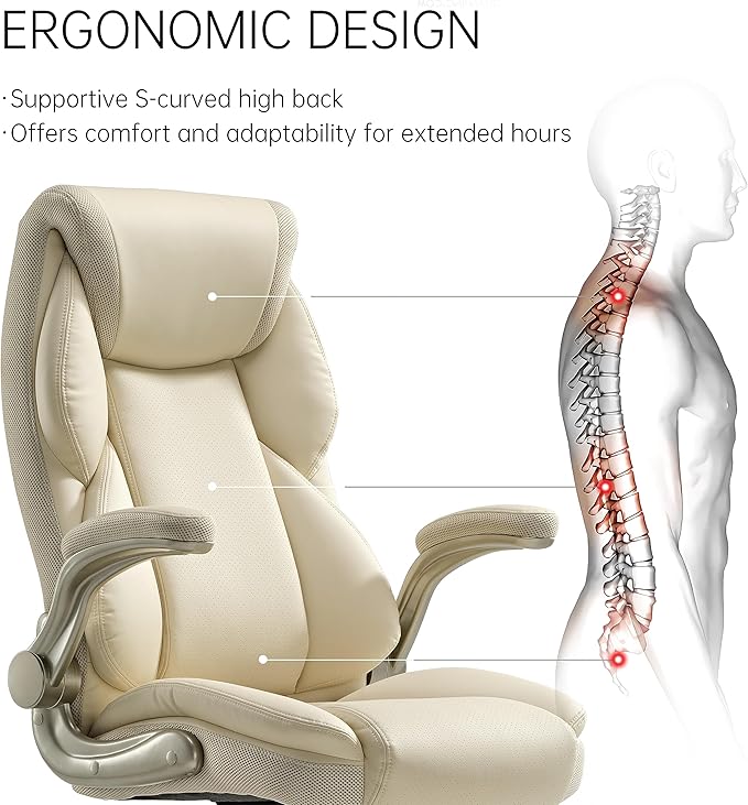 EUREKA ERGONOMIC Galene Executive Office Chair Flip Up Arm Rest, Ergonomic Desk Chair Faux Leather Computer Chair, High Back Office Chair with Headrest, Home Desk Chairs with Wheels, Beige