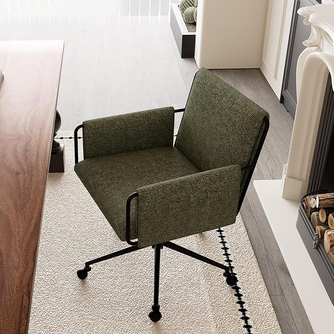 Rowill Modern Office Chair, Swivel Desk Chair, Green Boucle Fabric, Adjustable Height, 300 LBS Capacity, Wheels, Arm Rest, Perfect for Home Office, Bedroom, Makeup Room