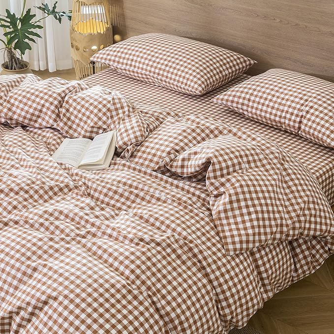 MooMee Gingham Duvet Cover Set 100% Washed Cotton Linen Like Textured Breathable Durable Soft Comfy Modern Checkered Design (Dark Orange Gingham, Full 80"x90")