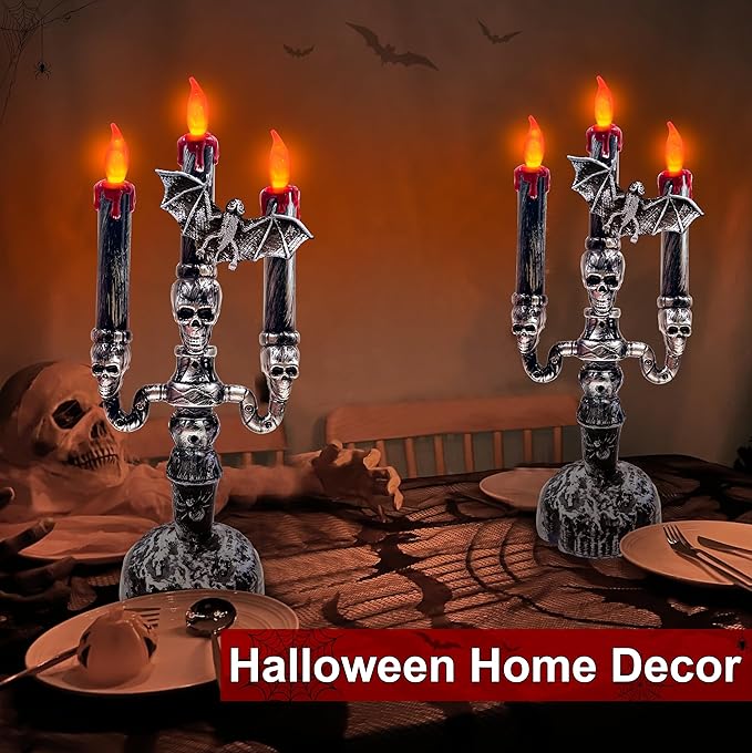 TURNMEON 2 Pack Halloween Decorations Halloween Candles LED Candelabra 3 Flickering Lamp Light Up Battery Operated Candles Holder Flame Less Bat Decor Indoor Table Home Party