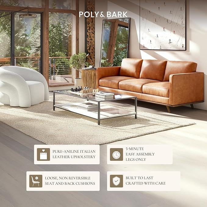 Poly & Bark Nolita Leather Couch - 85-Inch Sofa - Full-Grain Leather Sofa for Living Room with Feather-Down Topper - Living Room Couch - Pure-Aniline Vintage Italian Leather in Cognac Tan