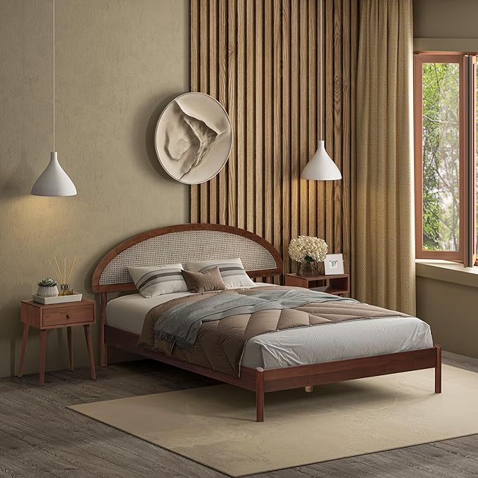 NTC Gem Wooden Bed Frame with Headboard and Natural Rattan, Solid Oak/Rubber Wood Foundation with Silent Slats, 1000 Lb Capacity, Effortless Assembly (Natural Cane - Dark Walnut, Queen)