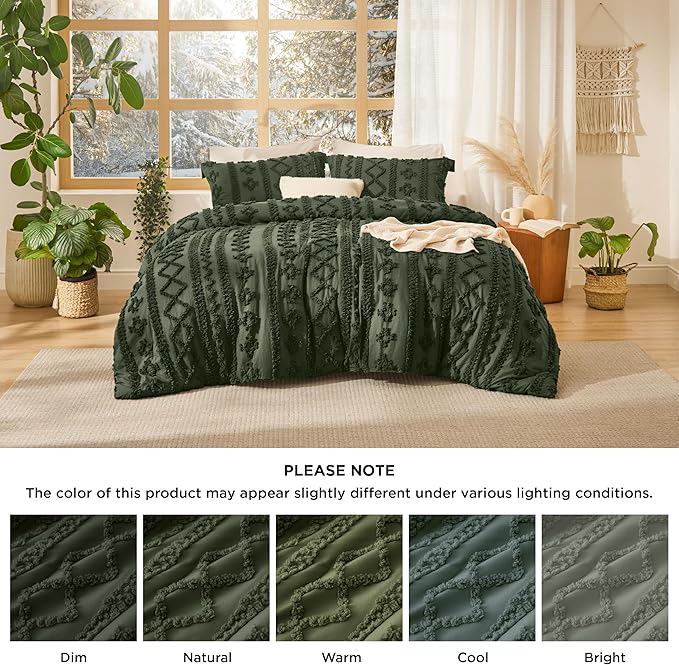 Bedsure Tufted Boho Comforter Set California King - Olive Green Boho Bed Set, GentleSoft™ 3 Pieces Farmhouse Shabby Chic Embroidery Bedding, Gifts for Woman, Soft Jacquard Comforter for All Seasons