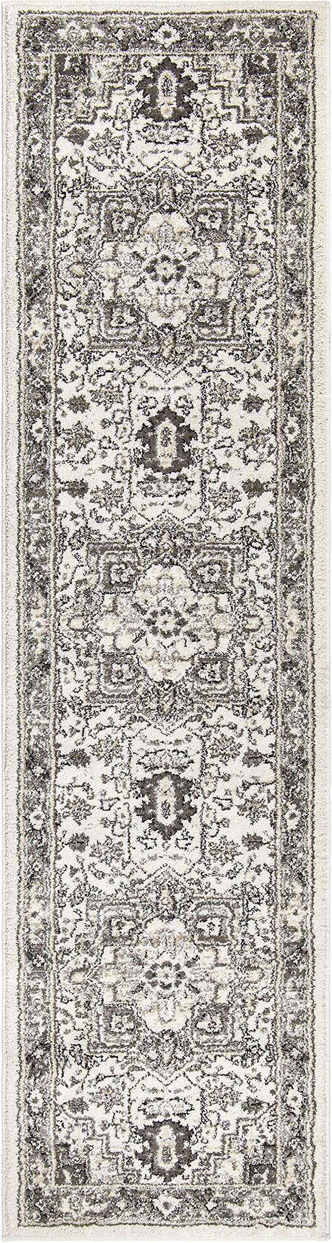 Orian Lone Star Belle Runner Rug 2x7.6 Traditional Floral Medallion, Natural Grey