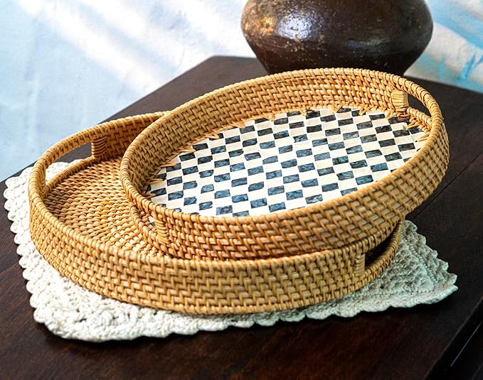 JUNGLE CULTURE Rattan Serving Tray 12" with Mother of Pearl Inlay • Coastal Boho Collection • Handcrafted Woven with Handles for Home • Round Dining Tray • Wicker Serving Basket – Drift