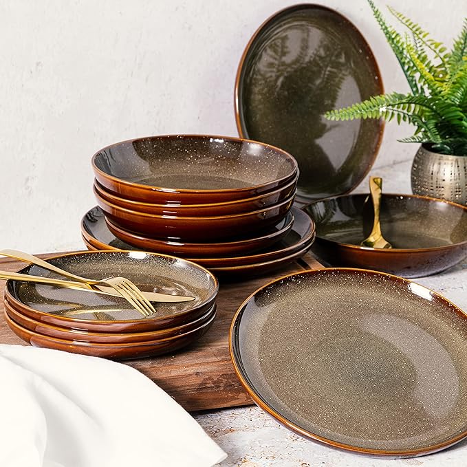 Gibson Elite Edwina Double Bowl Dinnerware Set,Dark Green, Service for 4 (16pcs)