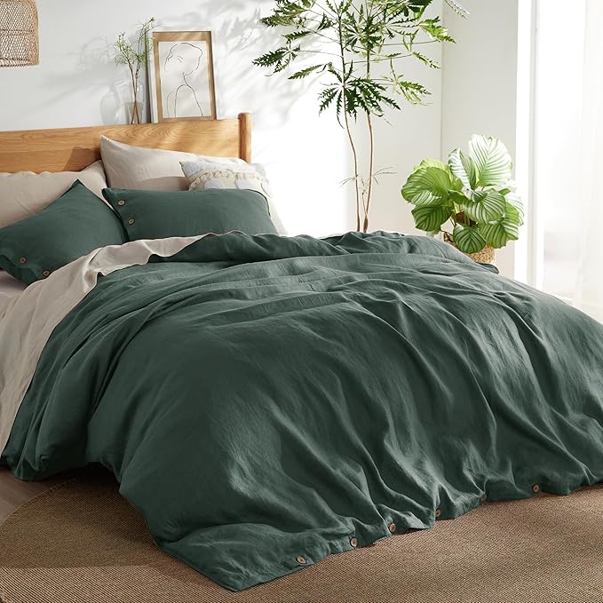 Bedsure Linen Duvet Cover King - Linen Cotton Blend Bedding Set, Soft & Cozy, 3 Pieces, 1 Duvet Cover 104x90 Inches and 2 Pillowcases, Dark Forest Color Cooling Bedding, Comforter Sold Separately