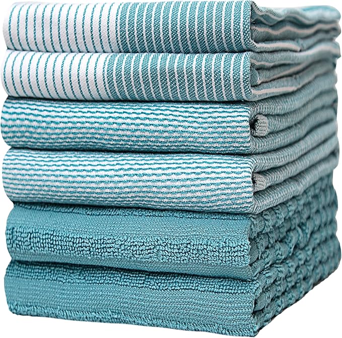 Premium Kitchen Towels 6 Pack Large Cotton Flat Terry Absorbent Tea Towels with Hanging Loop Aqua 20x28