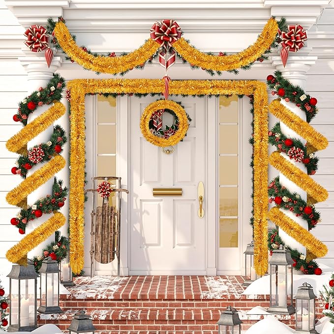 50 Ft Christmas Tinsel Garland Gold Thick Tinsel Garland Xmas Tree Decorations Metallic Tinsel Twist Garland for Christmas, Birthday, Party Decor Indoor Outdoor Party Supplies
