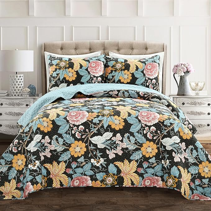 Lush Decor Sydney Reversible Cotton Quilt Set Queen 3 Piece Bedding, Black Blue