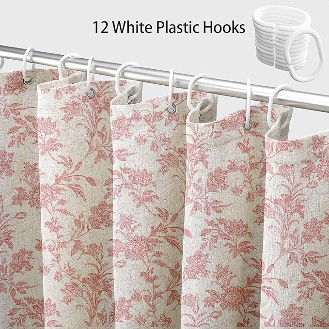 Pink Shower Curtain Floral Cotton Linen Cottagecore Shower Curtain for Bathroom 75" L x 72" W Long