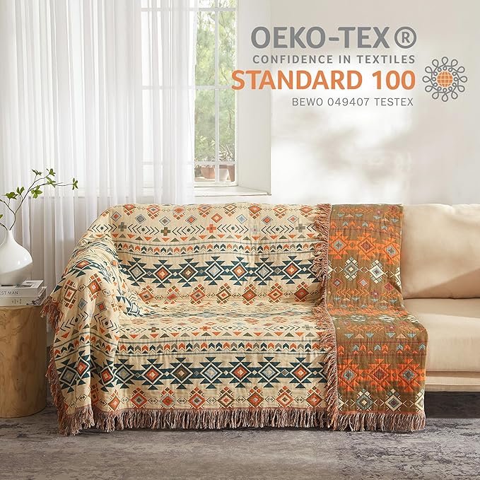 Boho Throw Blanket 100% Cotton Woven Ultra Soft 4-Layer Muslin Quilt Farmhouse Bed Blanket Cover 80"x90", Diamond