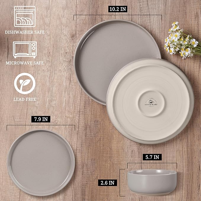 HaWare Stoneware Dinnerware Sets, 6-Piece Plates and Bowls Set for 2, Dishes Set for Home Restaurant, Speckled Cream Coffee