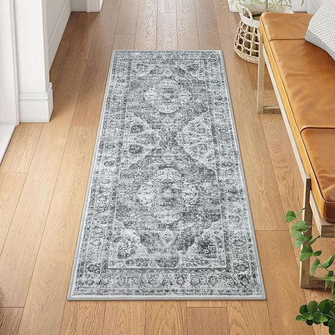 Uphome Boho Tribal Bath Mat Runner, Grey, 2' x 5' (Runner), Non Slip, Machine Washable