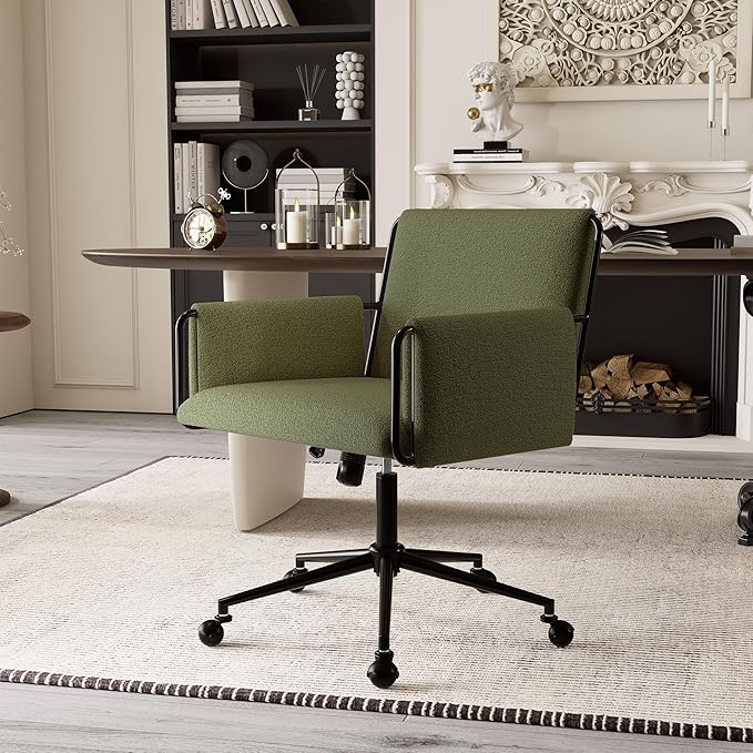 Rowill Modern Office Chair, Swivel Desk Chair, Green Boucle Fabric, Adjustable Height, 300 LBS Capacity, Wheels, Arm Rest, Perfect for Home Office, Bedroom, Makeup Room